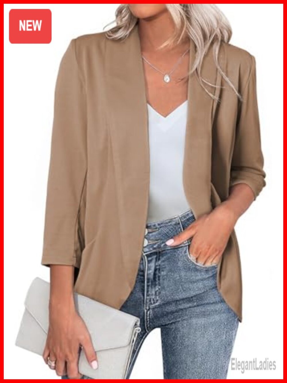 Womens 3/4 Sleeve Open Front Blazer Lightweight Cardigan Jacket Office Work